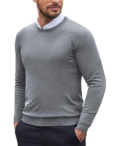 COOFANDY Herrenpullover Rundhals Slim Fit Strickpullover aus Baumwolle Langarmshirt Regular fit Sweater Pulli Feinstrick Winterpullover Sweater Business Grau S von COOFANDY