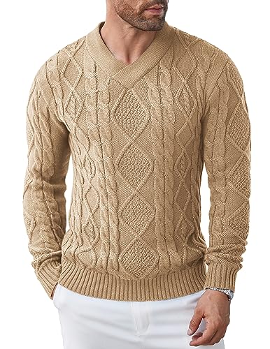 COOFANDY Herrenpullover Winter Warmer V-Ausschnitt Pullover Modischer Zopfmuster-Herrenpullover Khaki XXL COOFANDY Herrenpullover Winter Warmer V-Ausschnitt Pullover Modischer Zopfmuster-Herrenpullover Khaki XXL von COOFANDY