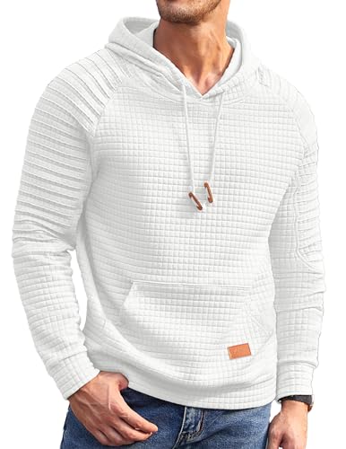 COOFANDY Hoodies Herren Karierten Kordelzug Jacquard Kapuzenpullover Langarm mit Kapuze Weiß XL von COOFANDY