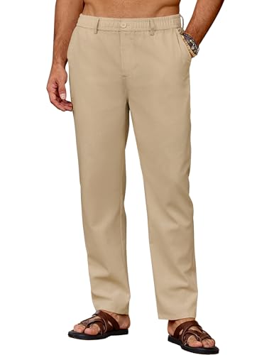 COOFANDY Hose Herren Lang Leinenhose Leicht Sommerhose Baumwolle Strandhose Freizeithose Männer Stoffhose Regular Fit Schlupfhosen Yogahose Herrenhose Lange Khaki 2XL von COOFANDY