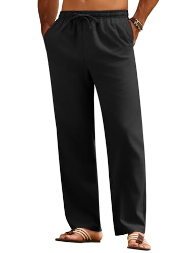 COOFANDY Leinenhose Herren Lang Sommerhose Leicht Schlupfhose Sommer Freizeithose für Herren Loose Fit Leinen Hose Männer Casual Strandhose Einfarbig Schwarz M von COOFANDY