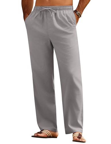 COOFANDY Leinen Hose Herren Leicht Sommerhose Männer Leinen Hose Lange Freizeithosen Strandhose Lässige Schlupfhose Seniorenhose mit Kordelzug Elastischer Bund Yogahose Mittelgrau XXL von COOFANDY