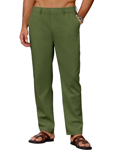 COOFANDY Hose Herren Leinenhose Casual Sommerhose Leicht Lange Dünne Hosen Männer Hose Lang Freizeithose Baumwolle Herrenhose Lange Chinohose Armeegrün 2XL von COOFANDY