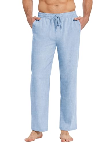 COOFANDY Hose Herren Leinenhose Lang Sommerhose Elastischer Bund Schlupfhose Freizeithose mit Kordelzug Strandhosen Gemütliche Stoffhose Holiday Hose Hellblau S von COOFANDY