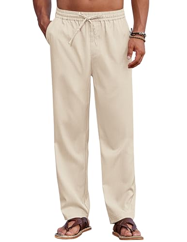 COOFANDY Herren Hose Lang Mit Gummibund Sommerhosen Dünne Herrenhosen Urlaub Strandhose Schlupfhose Männer Hose Für Holiday Stoffhose Beige XXL von COOFANDY