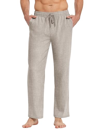 COOFANDY Hose Herren mit Gummizug Leinenhose Leichte Sommerhose Schlupfhose Freizeithose Elastische Taille Strandhose Stoff Hose Yogahose Urlaub Hellgrau L von COOFANDY