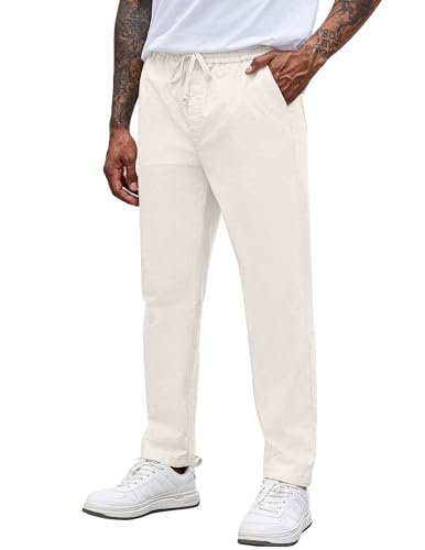 COOFANDY Hosen Herren Chino Hose Regular Fit Schlupfhose Stoffhose Kordelzug aus Baumwolle Hose Lang für Männer Lange Dünne Hosen Sommerhose Weiß L von COOFANDY