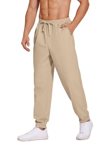 COOFANDY Herren Hose Lange Leinenhose Leicht Sommerhose mit Gummizug Strandhose Herren Freizeithose Loose Fit Khaki L von COOFANDY