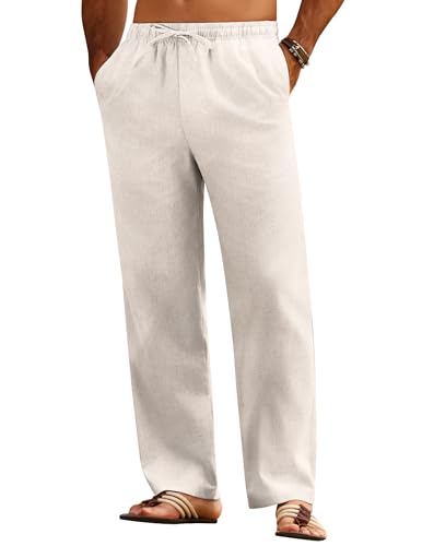 COOFANDY Leinenhosen Herren Lang Leichte Sommerhose Leinen Hose Männer Strandhose Freizeithose mit Kordelzug Bequeme Yogahose Seniorenhose Schlupfhose Regular Fit Helles Khaki XXL von COOFANDY
