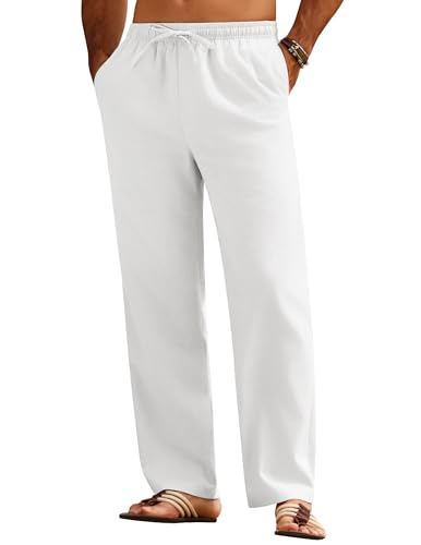 COOFANDY Herren Leinenhose mit Kordelzug Leinen Hose Männer Loose Sommerhose Herren Leicht Schlupfhosen Freizeithose Stoffhose Strandhose Yogahose Linen Pants Weiß XL von COOFANDY