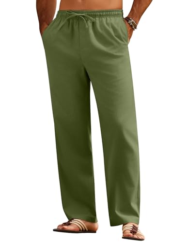 COOFANDY Leinen Hosen Männer Sommerhose Leicht Leinenhose Herren Lang Freizeithose Dünne Stoffhose Loose Schlupfhose Strandhose Lockere Herrenhosen mit Gummizug Armeegrün XL von COOFANDY