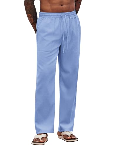 COOFANDY Herren Hosen Schlupfhose Dünne Sommerhose Freizeithose Strandhose Seniorenhose Leinenhose Stoffhose Herrenhosen mit Gummibund Azurblau L von COOFANDY
