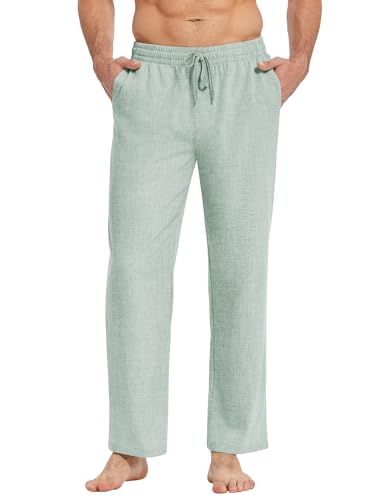 COOFANDY Herren Hosen mit Gummizug Leicht Sommerhose Lang Leinenhose Schlupfhose Freizeithose Strandhosen Stoffhose mit Kordelzug Herrenhose Seniorenhose mit Taschen Hellgrün XXL von COOFANDY