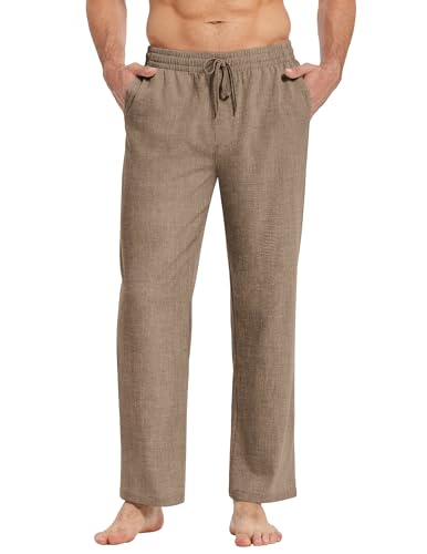 COOFANDY Hosen Herren mit Kordelzug Leichte Sommerhose Leinenhose Schlupfhosen mit Gummibund Freizeithose Strandhose Stoffhose Herrenhosen Lang Casual Urlaubshose Braun M von COOFANDY