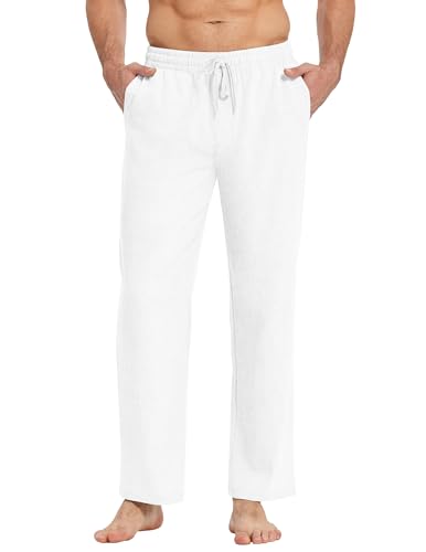 COOFANDY Hosen Herren mit Kordelzug Leichte Sommerhose Leinenhose Schlupfhosen mit Gummibund Freizeithose Strandhose Stoffhose Herrenhosen Lang Casual Urlaubshose Weiß XXL von COOFANDY