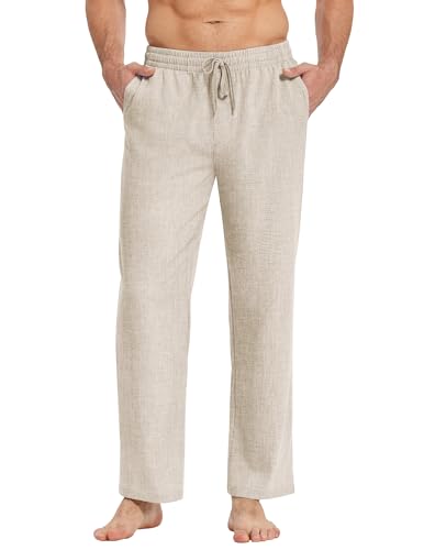 COOFANDY Herren Hosen mit Kordelzug Leinenhose Leichte Sommerhose Freizeithose Elastische Taille Schlupfhose Strandhosen Stoffhose mit Taschen Herrenhose Lang Beige 3XL von COOFANDY