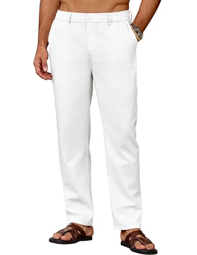 COOFANDY Hosen Herren mit Kordelzug Leinenhose Freizeithose Strandhose Leinen Hose Männer Leichte Sommerhose Lang Dünne Hosen Chino Hose Herren Sommer mit Gummibund Weiß 3XL von COOFANDY