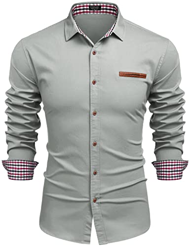 COOFANDY Herren Hemd Langarm Jeanshemd Herren Langarm Slim Fit Freizeithemd Rockabilly Langarmhemd Baumwolle Hemd Trachtenhemd Grau Blau 2XL von COOFANDY
