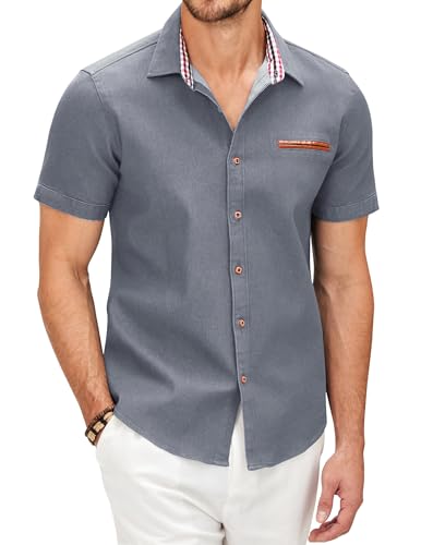COOFANDY Hemd Herren Kurzarm Jeanshemd Sommer Leichtes Freizeithemd Jeans Hemden für Herren Kurzarmhemden Slim Fit T-Shirt Cowboy-Style Business Büro Hemd Männer Hellgrau M von COOFANDY