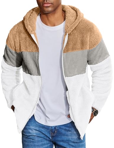 COOFANDY Kapuzenjacke Übergangsjacke 3 Farbenblocken mit Zeitliche Taschen Winterjacke Khaki+Hell Grau+Weiß L von COOFANDY