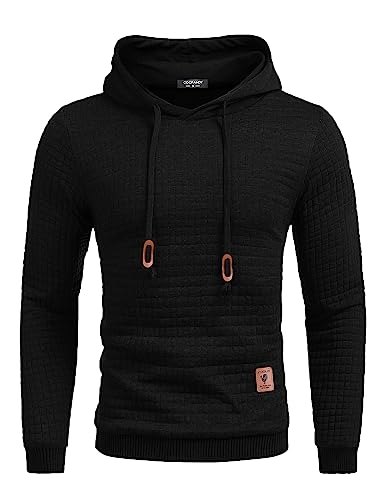 COOFANDY Kapuzenpullover Herren Hipster Gym Langarm Arbeitspullover Kordelzug Karierten Jacquard Pullover Einfarbig Hoodies XL Schwarz von COOFANDY