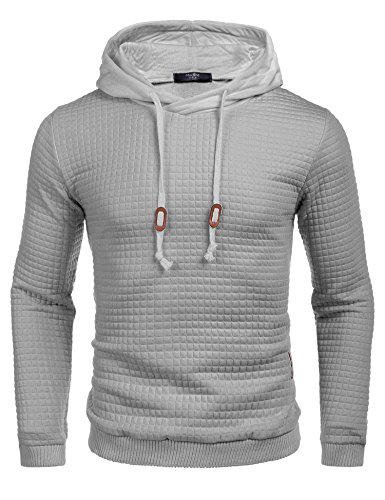 COOFANDY Herren Kapuzenpullover Hipster Gym Langarm Arbeitspullover Kordelzug Karierten Jacquard Pullover Hoodies Hellgrau L von COOFANDY