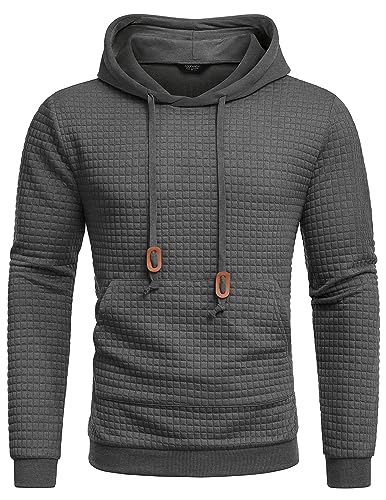 COOFANDY Pullover Herren Kapuzenpullover Hoodie Pullover mit Kapuze Hoody Kordelzug Waffel Jacquard Sweatshirt Dunkelgrau XXL von COOFANDY
