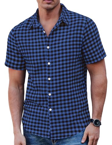 COOFANDY Karierte Hemden Herren Kurzarmhemd Karohemd Freizeithemd Sommerhemd Trachtenhemd Slim Fit Blau Schwarz XXL von COOFANDY