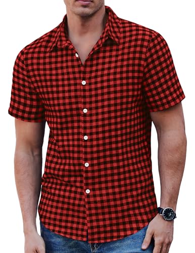 COOFANDY Karierte Hemden Herren Kurzarmhemd Karohemden Freizeithemd Sommerhemd Trachtenhemd Slim Fit Rot Schwarz 3XL von COOFANDY