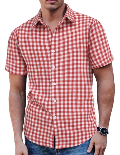 COOFANDY Kariertes Hemd Herren Kurzarm Trachtenhemd Freizeithemd Baumwolle Flanellhemd Regular Fit Weiß und Rot L von COOFANDY