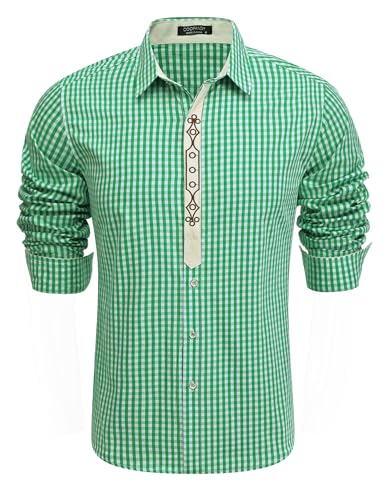 COOFANDY Herren Oktoberfest Hemd Langarm Trachtenhemd Oktoberfest Herren Outfit Kariertes Hemd Regular fit Karohemd Herrenhemden Langarm Trachten Festhemd Grün 3XL von COOFANDY