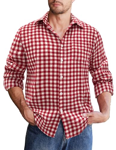 COOFANDY Karohemd Herren Langarm Freizeithemd Regular Fit Trachtenhemden Männer Casual Baumwolle Flanellhemden Rot-Weiß L von COOFANDY