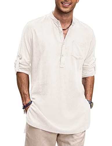 COOFANDY Kurta Herren Indianerhemd Casual Button Down Henley Shirt Leinen Solid Pyjama mit Tasche, Weiß, XX-Large von COOFANDY