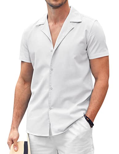 COOFANDY Kurzarm Hemd Herren Kuban Kragen Sommer Leinen Regular Fit Freizeithemden Einfarbig Button Down Urlaubshemd Weiß S von COOFANDY