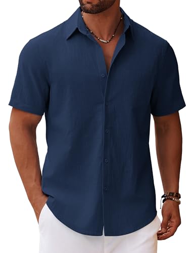 COOFANDY Kurzarm Hemd Herren Kurzarmhemd Leinenhemd Sommerhemdend Regular Fit Baumwolle Hemd Freizeithemd Strandhemd Männer Hemden Urlaub Blau-Violett L von COOFANDY