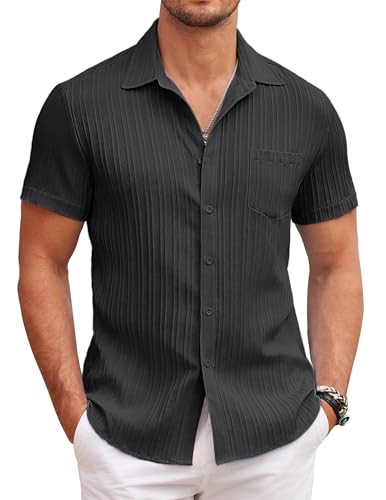 COOFANDY Kurzarm Herren Casual Hemd Sommer Hwaiihemd Button Down Textured Strandhemd Beach Shirt mit Tasche Schwarz XXL von COOFANDY