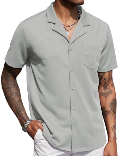 COOFANDY Kurzarmhemd Cuban Kragen Herren Sommerhemd Regular Fit Bügelfrei Freizeit Urlaub Strand Hawaii Hemd Für Männer Hellgrau XXL von COOFANDY