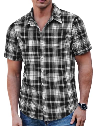 COOFANDY Kurzarmhemd Herren Kariertes Kurzarm Freizeithemden für Männer Karohemd kurz Baumwolle Schwarz und Weiß M von COOFANDY
