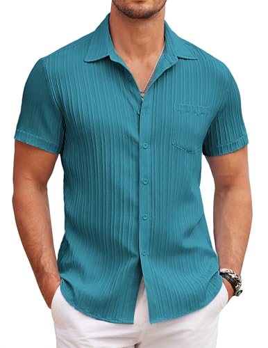 COOFANDY Kurzarmhemd Herren Sommer Casual Freizeit Textured Strandhemd Hawaii Beach Textured Shirt mit Tasche Blau Grün XL COOFANDY Kurzarmhemd Herren Sommer Casual Freizeit Textured Strandhemd Hawaii Beach Textured Shirt mit Tasche Blau Grün XL von COOFANDY