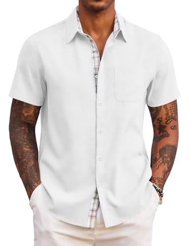 COOFANDY Kurzarmhemd Herren Sommer Hemd Kurzarm Freizeit Leichtes Sommerhemd Strandhemd für Männer Freizeithemd mit Brusttasche Weiß XXL von COOFANDY