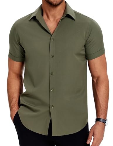 COOFANDY Kurzarmhemd Herren Freizeithemd Bügelfrei Sommer Herrenhemd Kurzarm Businesshemd Sommerhemd Männer Hemd Casual Regular Fit Armeegrün 3XL von COOFANDY