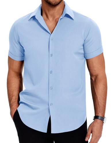 COOFANDY Kurzarmhemd Herren Sommer Hemd Männer Bügelfrei Business Hemden Freizeithemden Regular Fit Casual Oberhemd Hellblau M von COOFANDY
