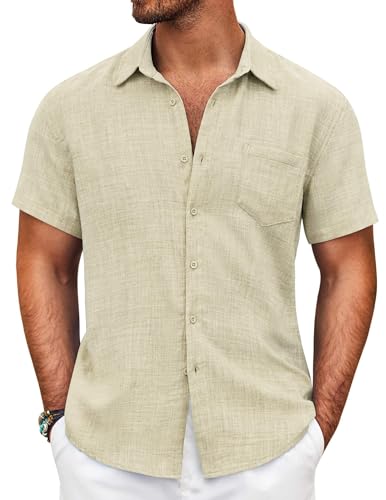 COOFANDY Kurzarmhemd Herren Sommer Leichtes Leinen Herrenhemden Urlaub Männer Button Down Strandhemd Mondgrau L von COOFANDY