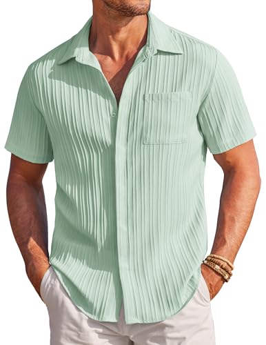COOFANDY Kurzarmhemd Herren Sommer Textured Hemd Kurzarm Bügelfrei Strandhemd Freizeithemd Urlaubshemd Sommerhemd mit Tasche Hellgrün M von COOFANDY