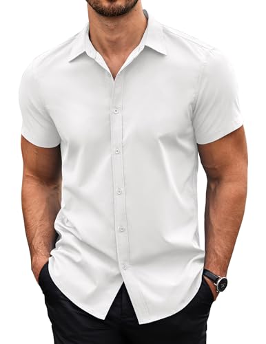 COOFANDY Kurzarmhemd Herren Sommerhemd Herrenhemd Kurzarm Sommer Einfarbig Freizeithemd Bügelfreie Business Hemd Regular Fit Button Down Hemd Weiß XL von COOFANDY