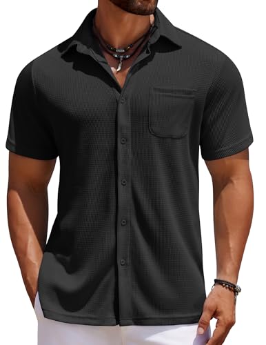 COOFANDY Kurzarmhemden für Herren, Waffelmuster, Knopfleiste, strukturiert, knitterfrei, lässig, Urlaubshemd, Schwarz, 3X-Groß von COOFANDY