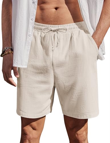 COOFANDY Kurze Hosen Herren Baumwolle Sommershorts mit Tasche Strandshorts Sommer Leinen Freizeithosen für Herren Beige 4XL von COOFANDY