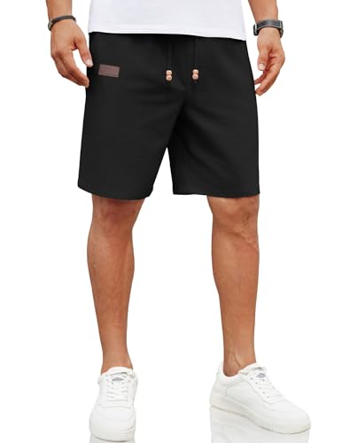 COOFANDY Kurze Hosen Herren Leinen Shorts mit Gummibund Kurze Leinenhose Sommerhose Leinen Hose Männer Elastischer Bund Leicht Sommer Shorts mit Taschen Schwarz S von COOFANDY