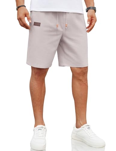 COOFANDY Kurze Hosen Herren Sommerhose mit Tunnelzug Leinenhose Kurz Leinenshorts Strand Shorts mit Taschen Sommershorts Regular Fit Grau M von COOFANDY