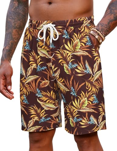COOFANDY Kurze Hosen Herren Strandhose Sommer Hawaii Shorts Regular Fit Männer Urlaub Kurze Hose Sommer Herrenshorts mit Taschen Bermuda Shorts Weinroter Goldener Tropendruck XXL von COOFANDY
